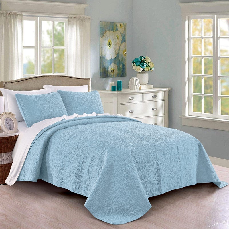 Pure Bedding Quilt Set King/California King Size Sky Blue - Oversized Bedspread - Soft Microfiber Lightweight Coverlet for All Season - 3 Piece Includes 1 Quilt and 2 Shams, Geometric Pattern - Image 1
